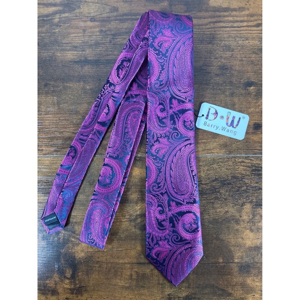 Barry Wang Mens Purple Paisley Silk Blend Jacquard Necktie Formal Business Tie